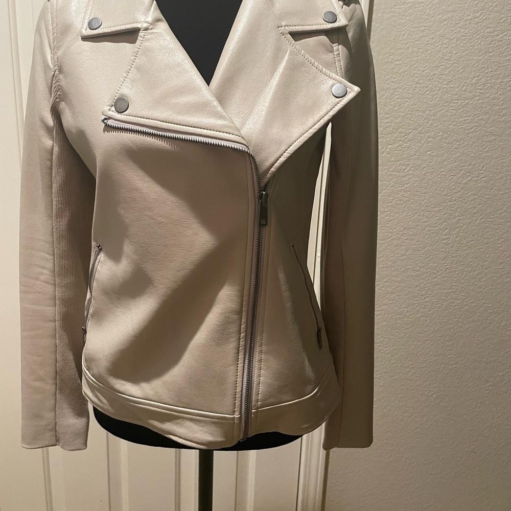 Style & Co Cream Faux Leather Biker Jacket Asymmetrical Zipper
